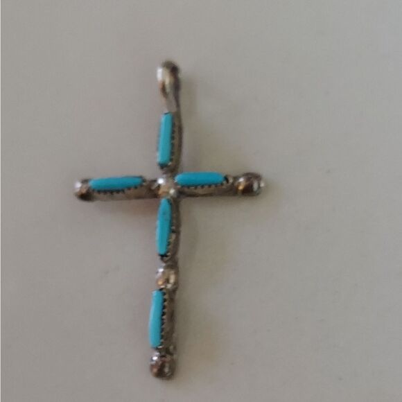 Vintage  Zuni Petite Point Turquoise Cross Pendant Silver Unmarked - Picture 6 of 7